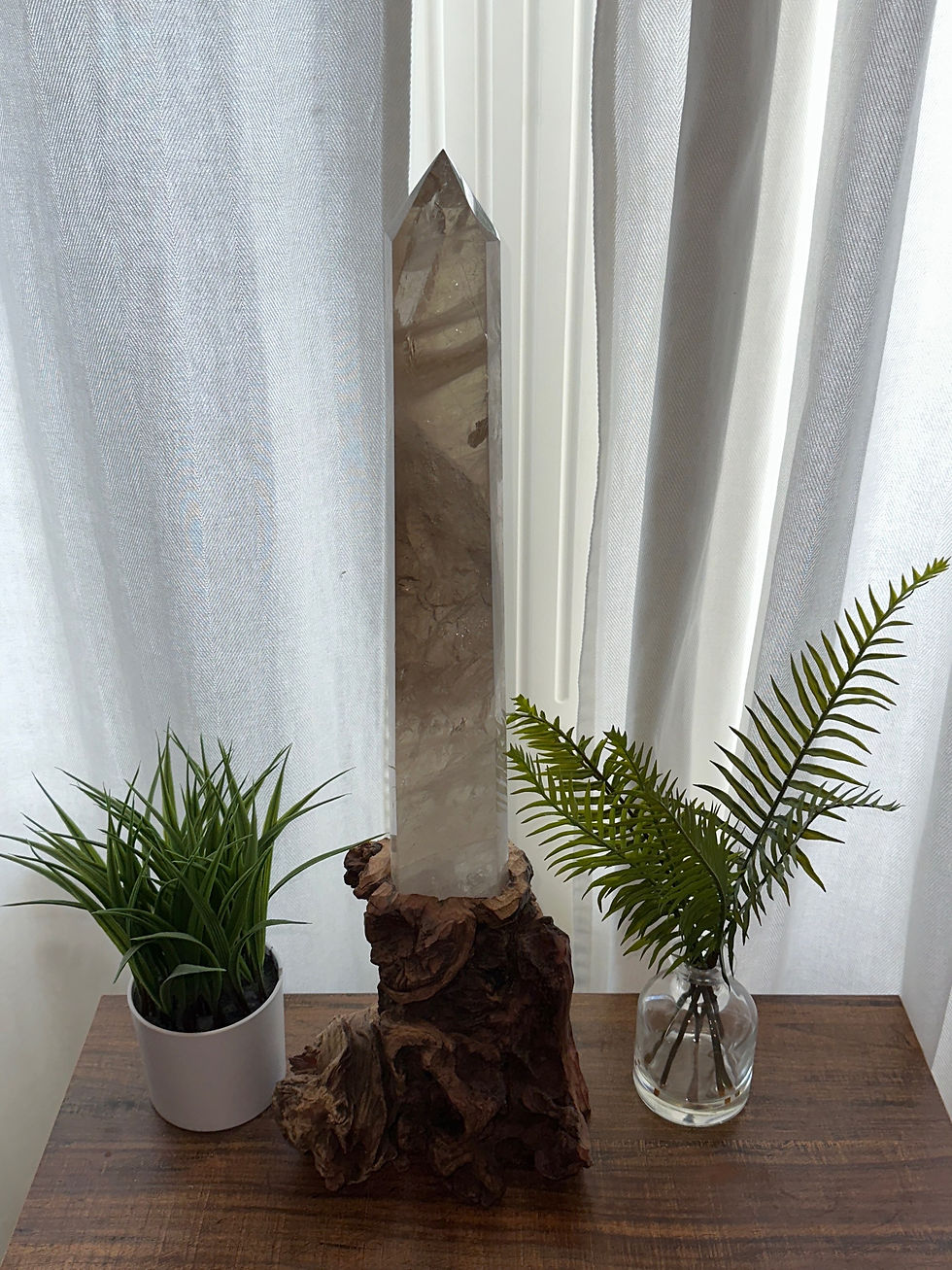 Thumbnail: Smoky Quartz Natural Polished Tower Point with Driftwood Custom Stand