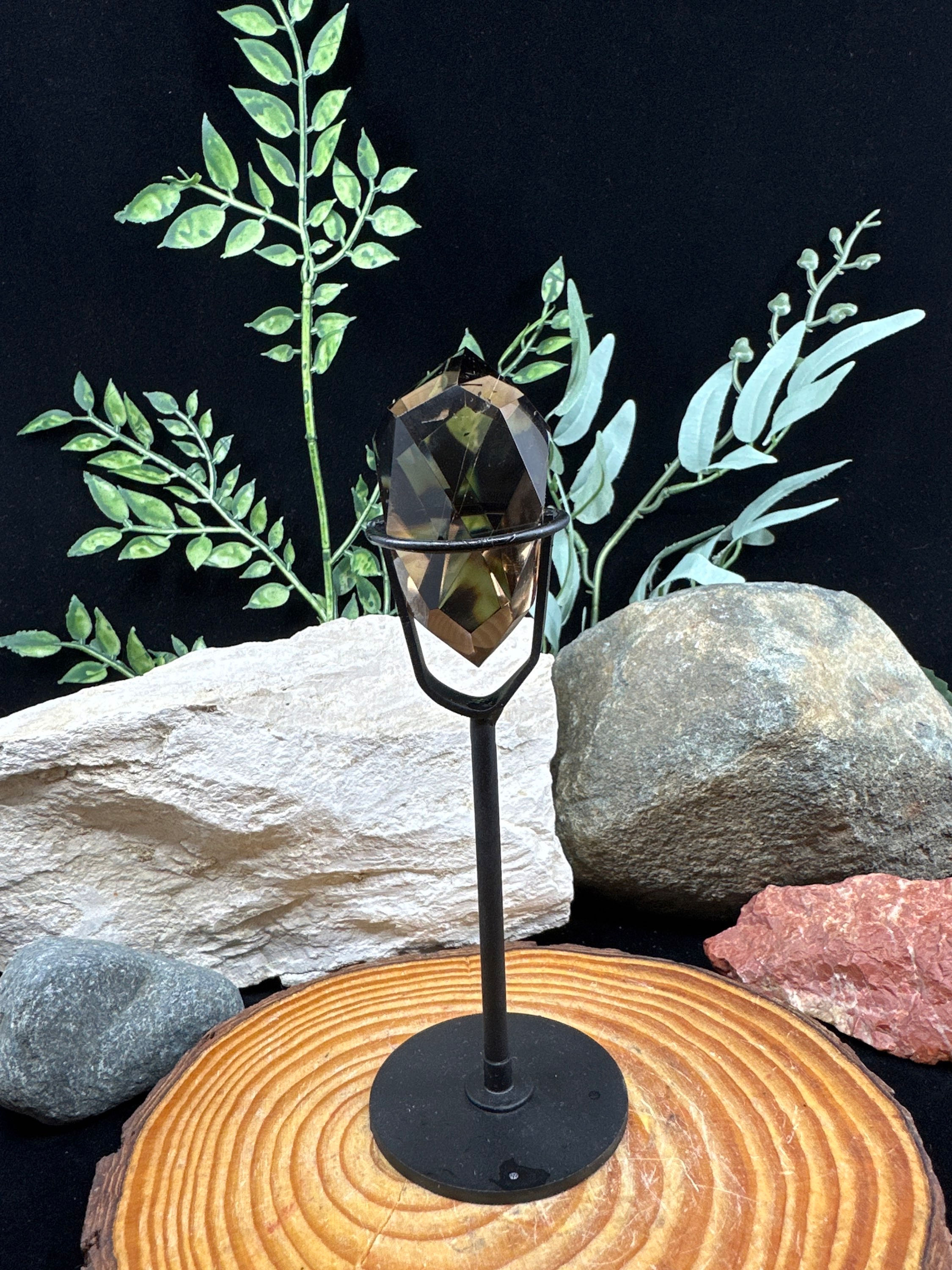 Faceted Smoky Quartz with Custom Black Metal Stand