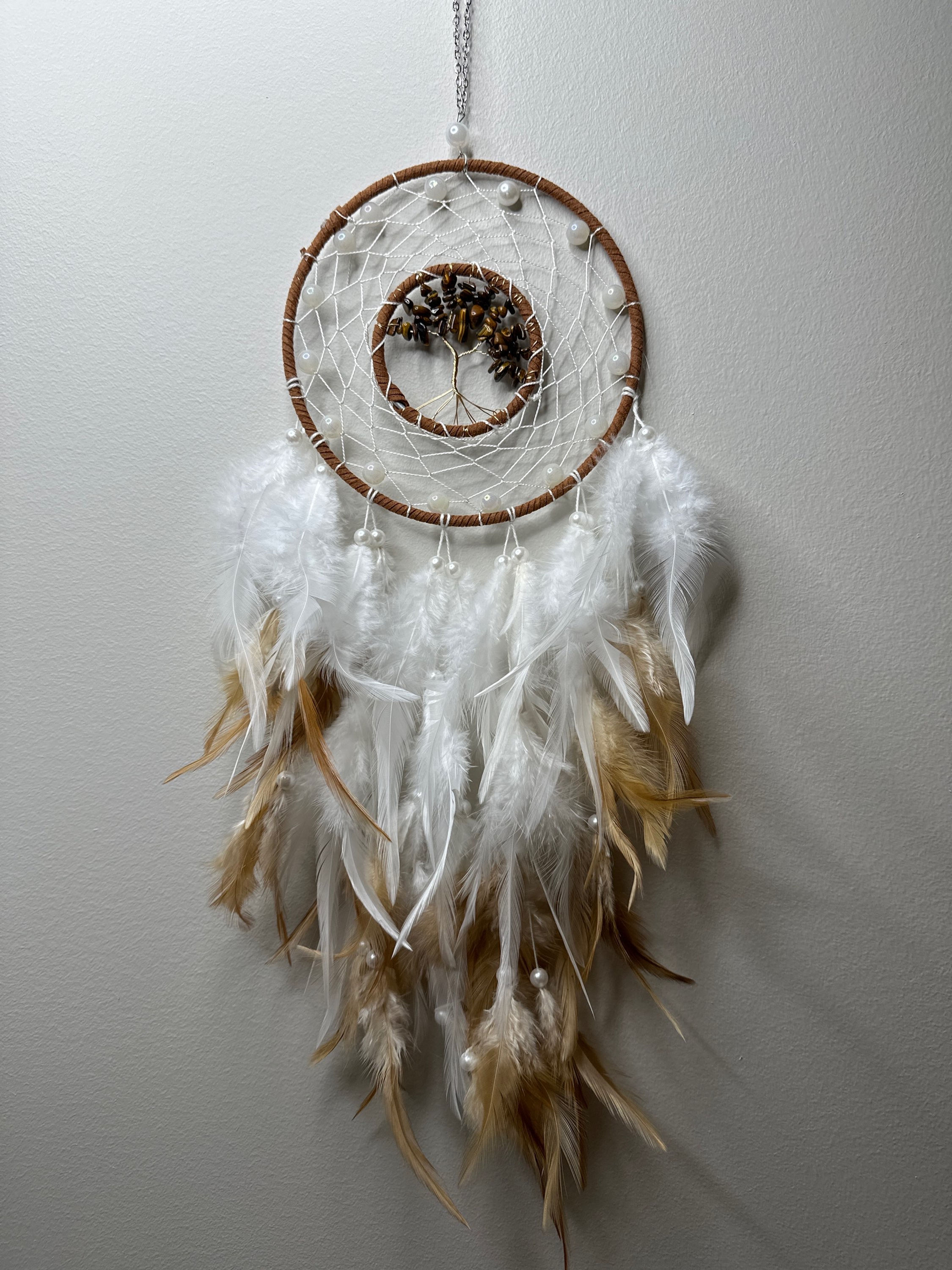 Rustic Brown and White Feather Dream Catcher with Tumbled Tiger Eye Crystals