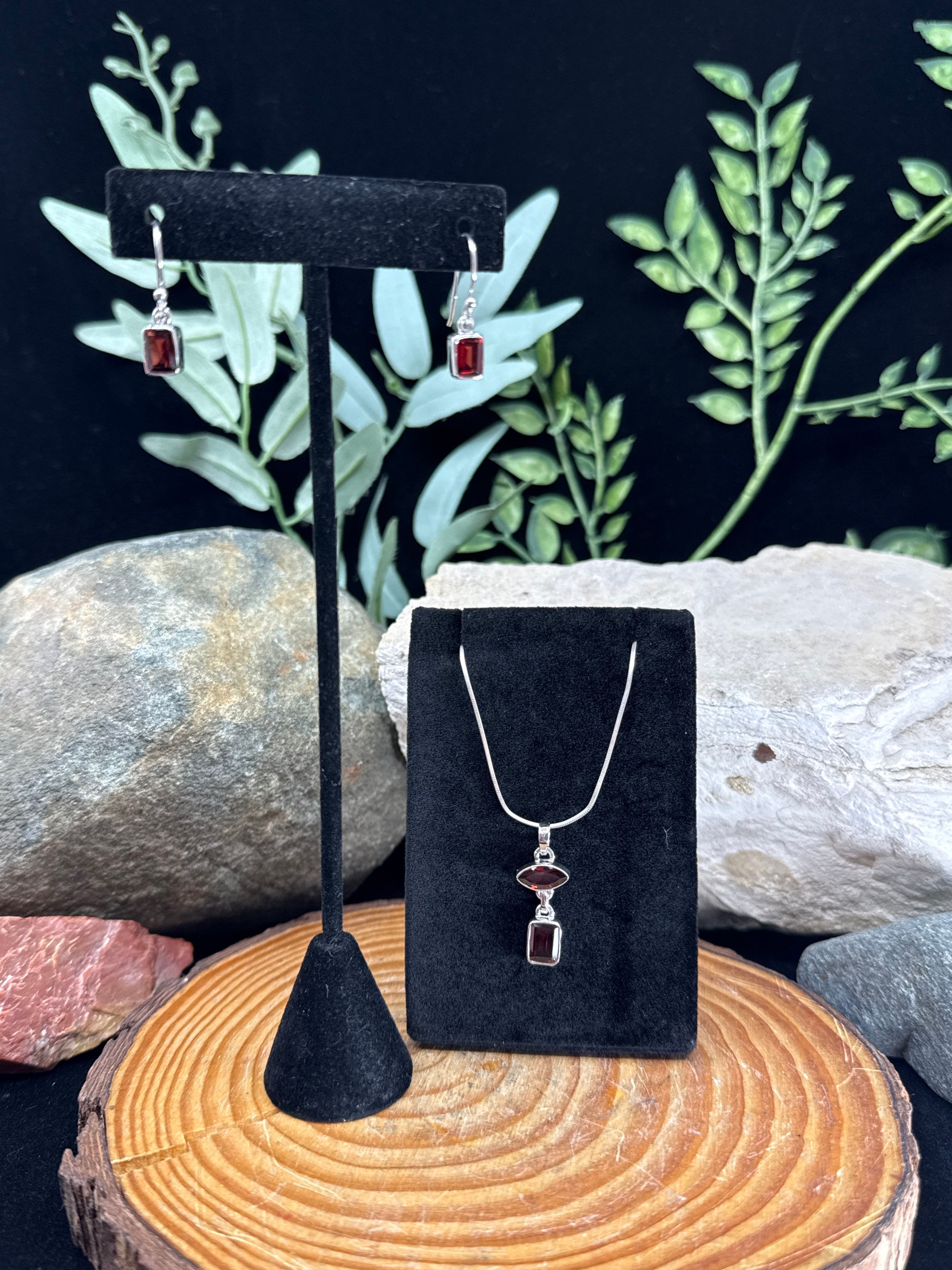 Garnet Sterling Silver Pendant and Earrings Set