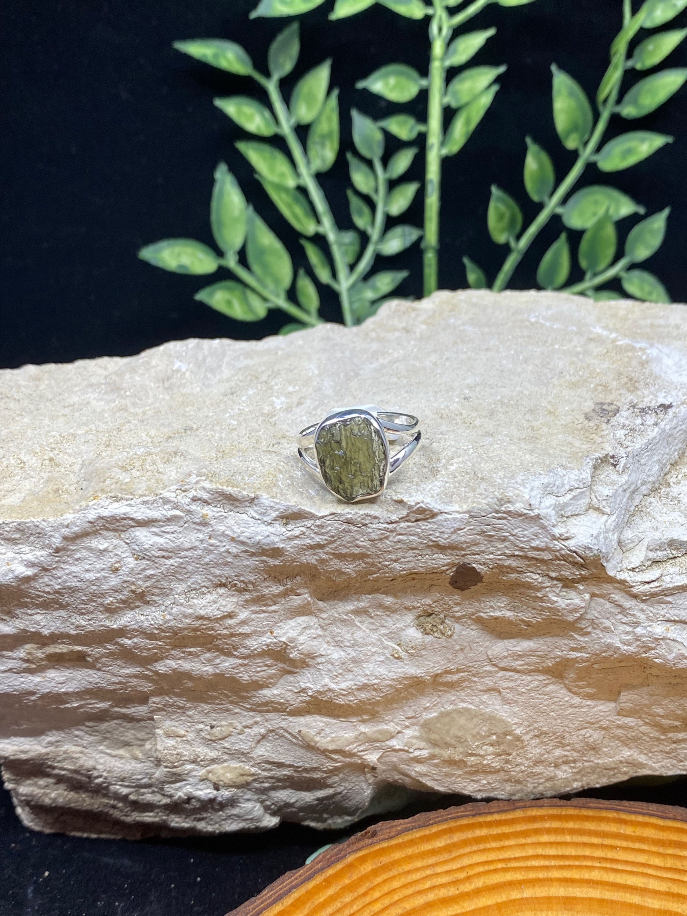Moldavite Rough/Raw Sterling Silver Ring - Lg/C - Size 8