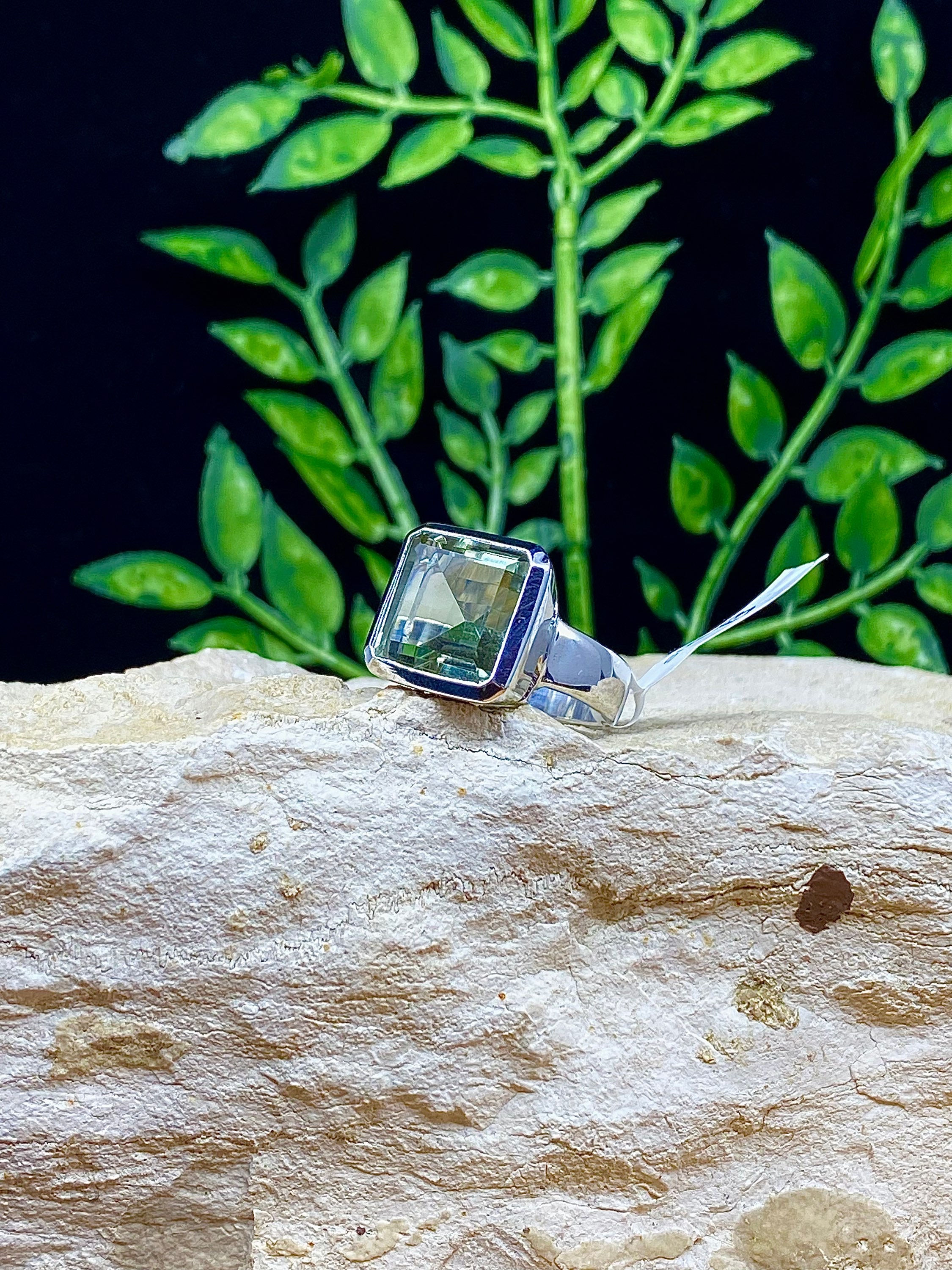 Green Amethyst Faceted Sterling Silver Ring - Large - Size 8