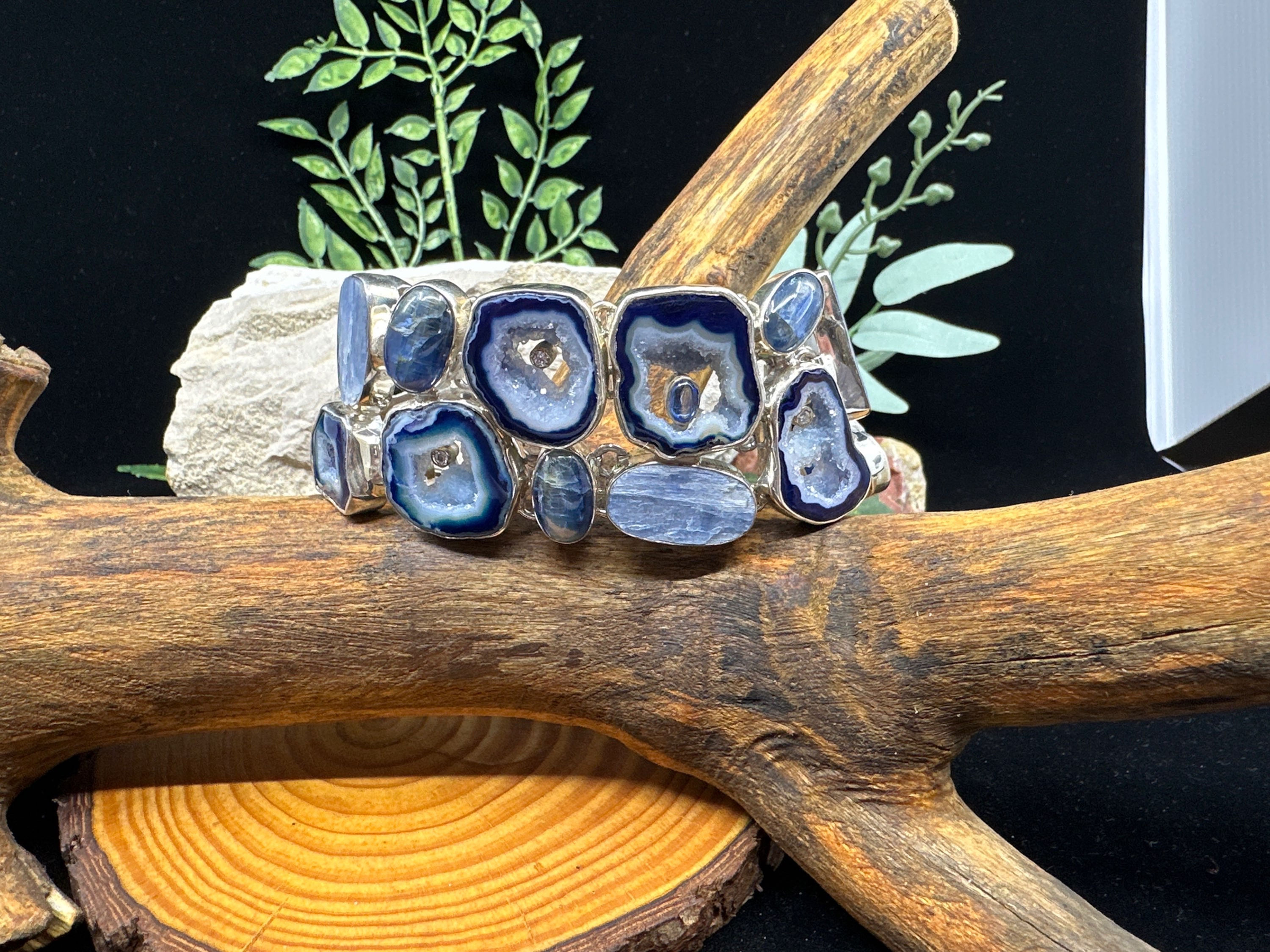 Kyanite, Agate, Zircon Druzy Crystal Sterling Silver Bracelet