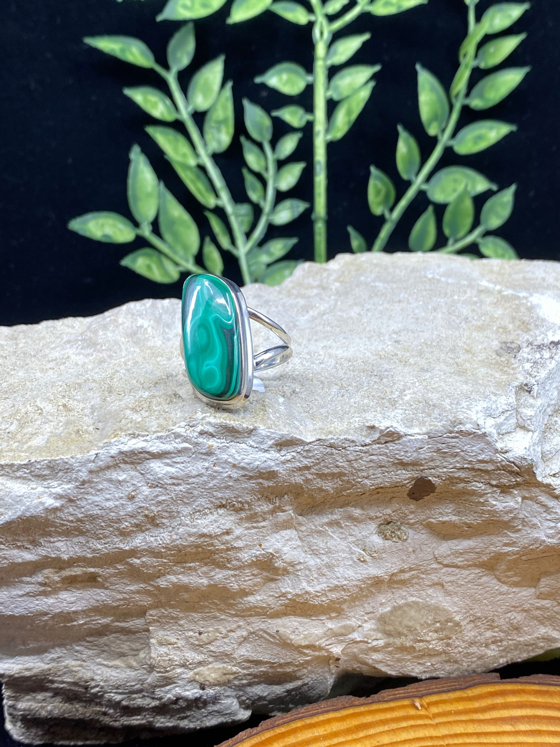 Bulls Eye Malachite Freeform Sterling Silver Ring - Size 10
