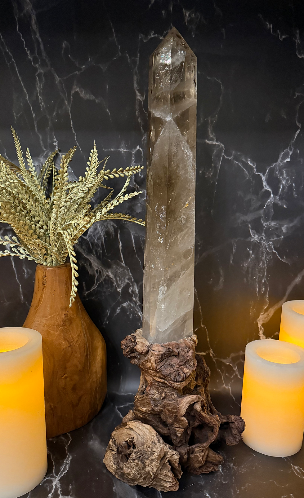 Thumbnail: Smoky Quartz Natural Polished Tower Point with Driftwood Custom Stand