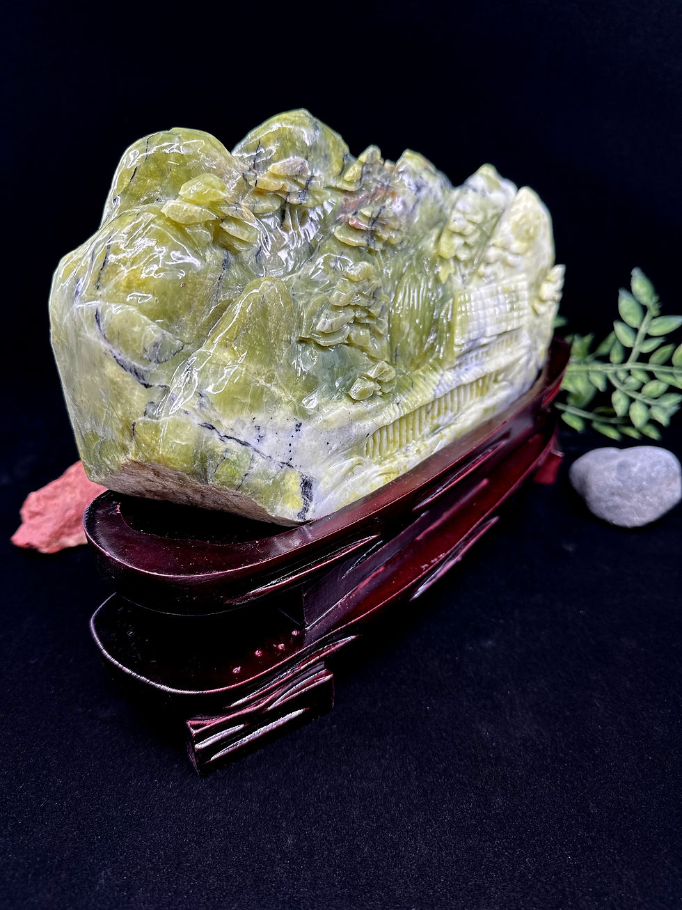 Thumbnail: Jade Polished Decorative Carving with Custom Brown Wood Stand - 2