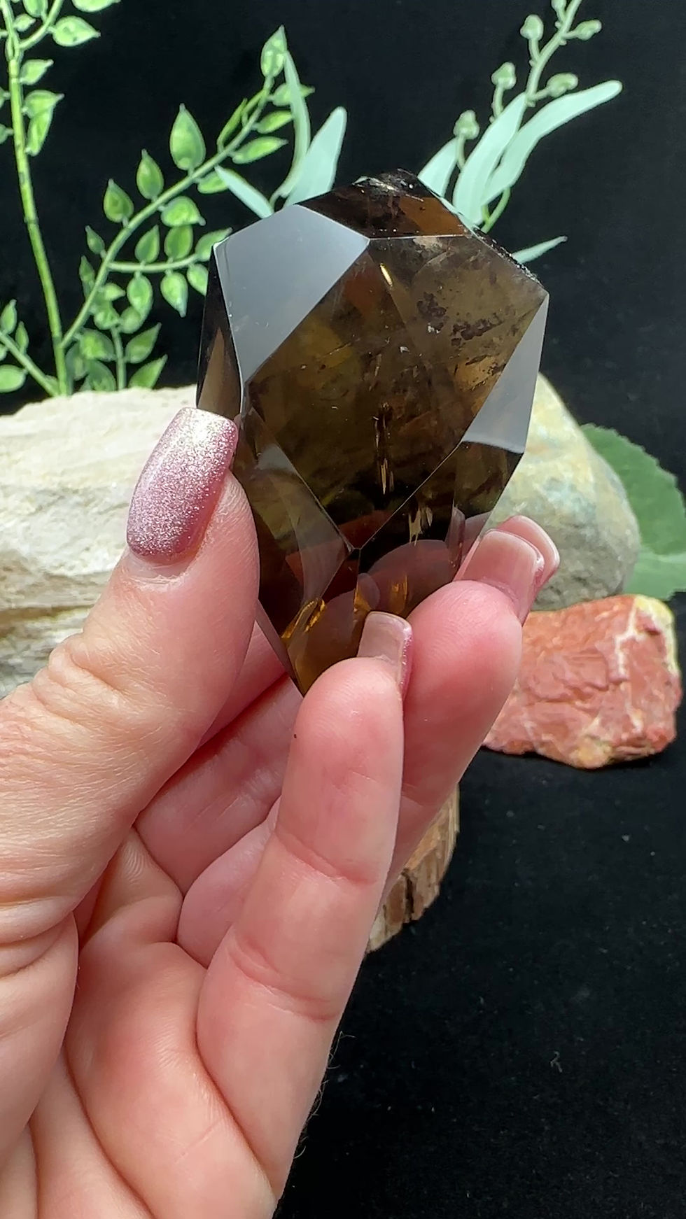 Thumbnail: Faceted Smoky Quartz with Custom Black Metal Stand