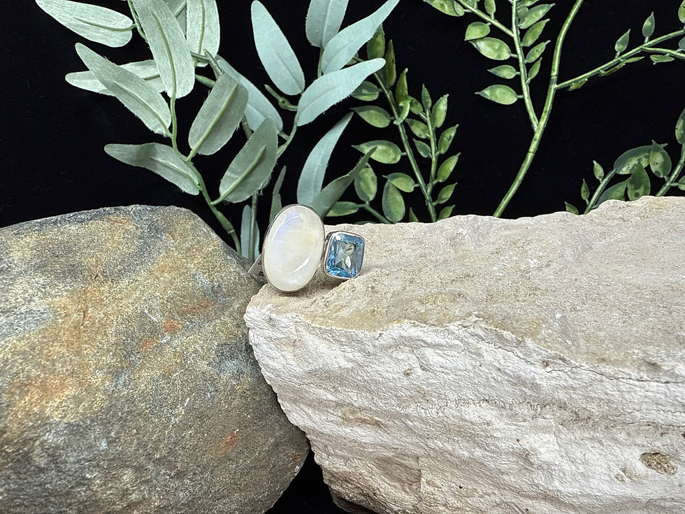 Moonstone and Faceted Blue Topaz Adjustable Sterling Silver Ring - 2
