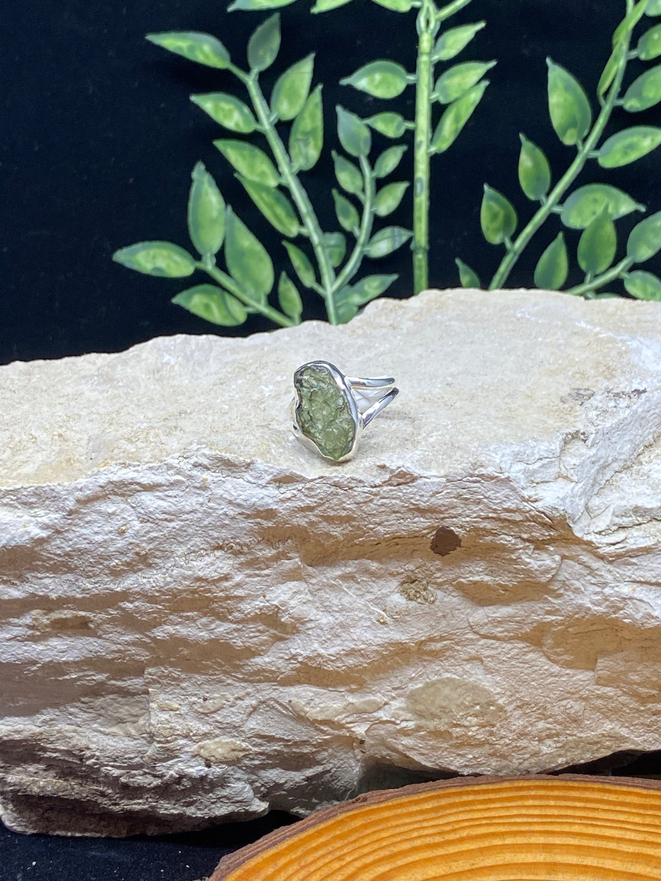 Moldavite Rough/Raw Sterling Silver Ring - Lg/A - Size 8