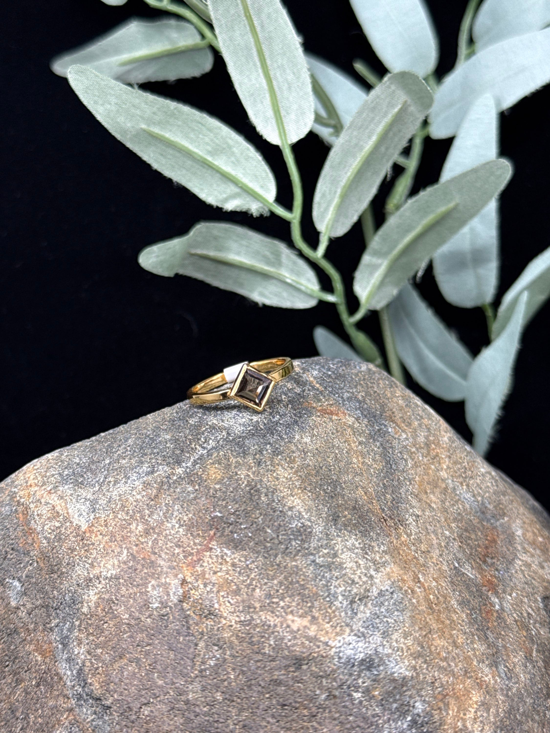 Faceted Smoky Quartz 18K Gold Plated Ring - Size 9