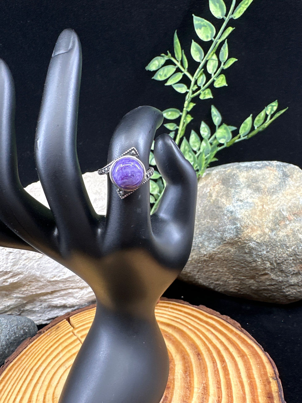 Thumbnail: Charoite Round Sterling Silver Adjustable Ring - 1