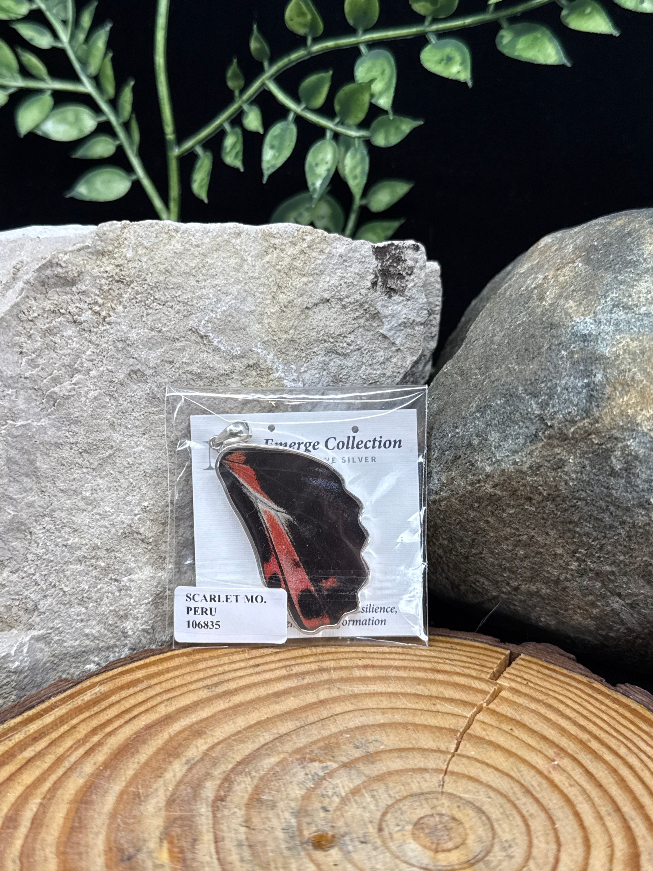 Scarlet Moth Wing Sterling Silver Pendant