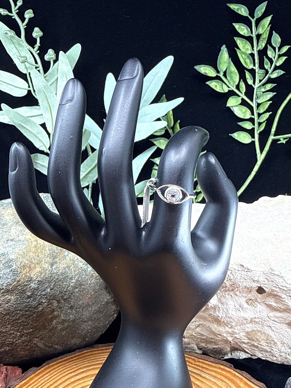 Thumbnail: Blue Topaz Faceted Sterling Silver Evil Eye Ring - Size 9