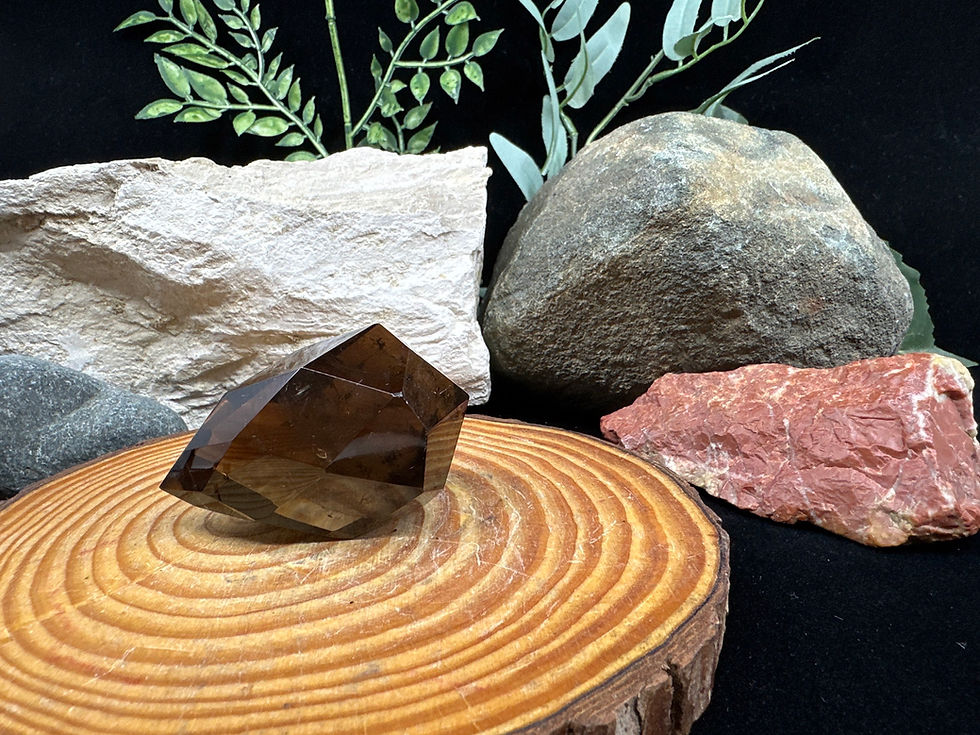 Thumbnail: Faceted Smoky Quartz with Custom Black Metal Stand