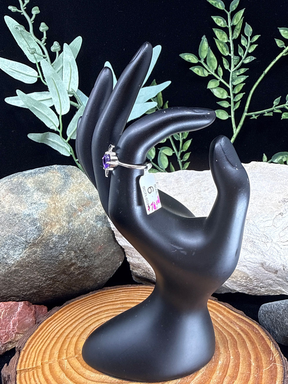 Thumbnail: Amethyst and Zircon Faceted Sterling Silver Moon Ring - Size 6
