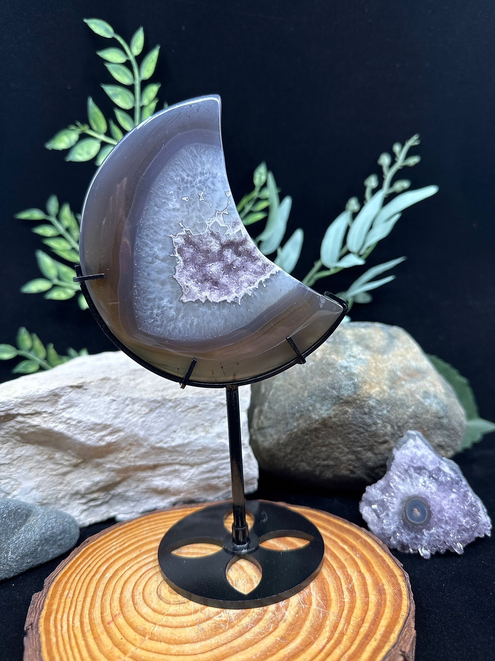 Agate Druzy Polished Moon with Black Metal Stand