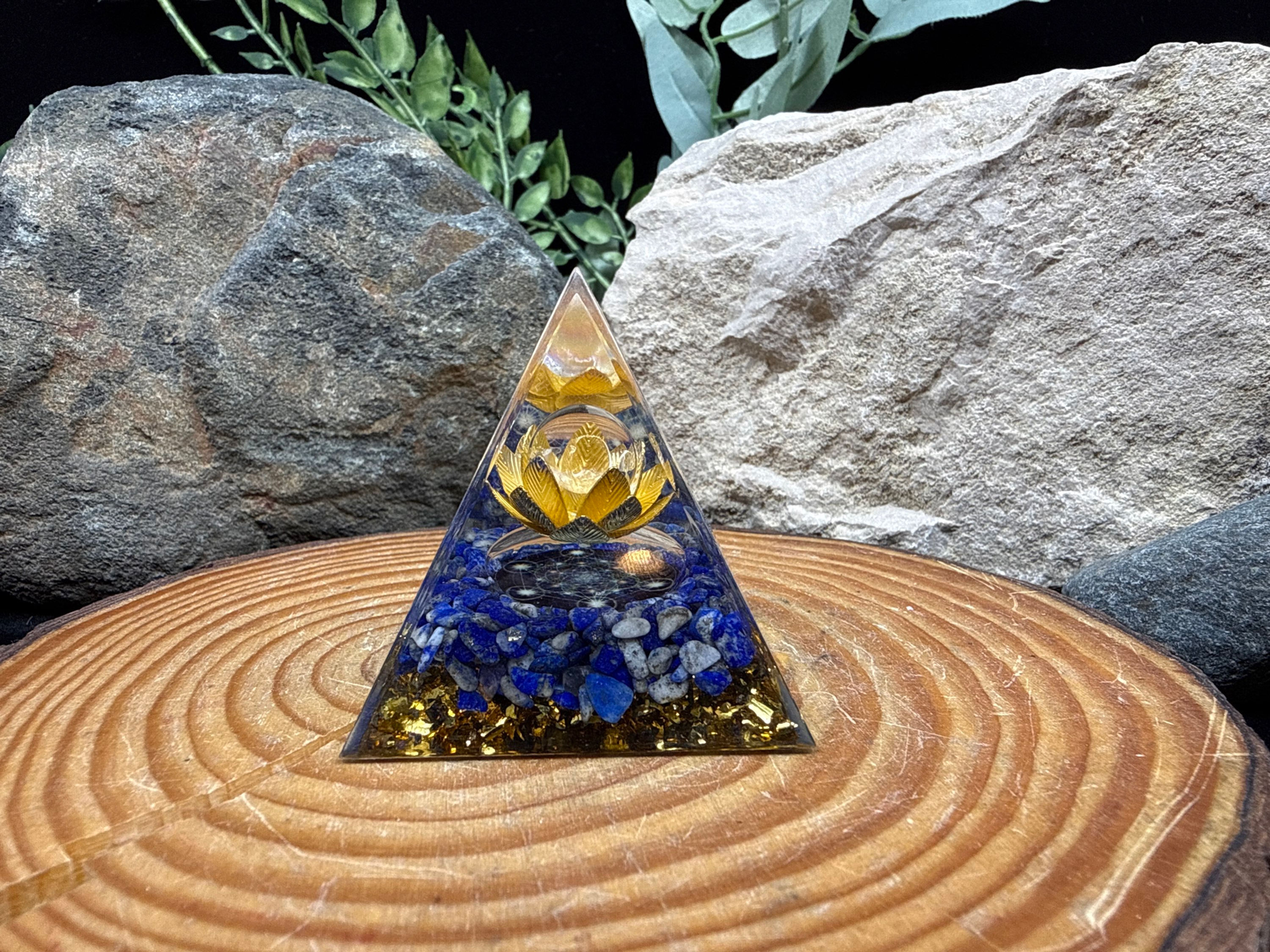 Orgonite Pyramid (Lapis Lazuli & Clear Quartz) with Gold Flower