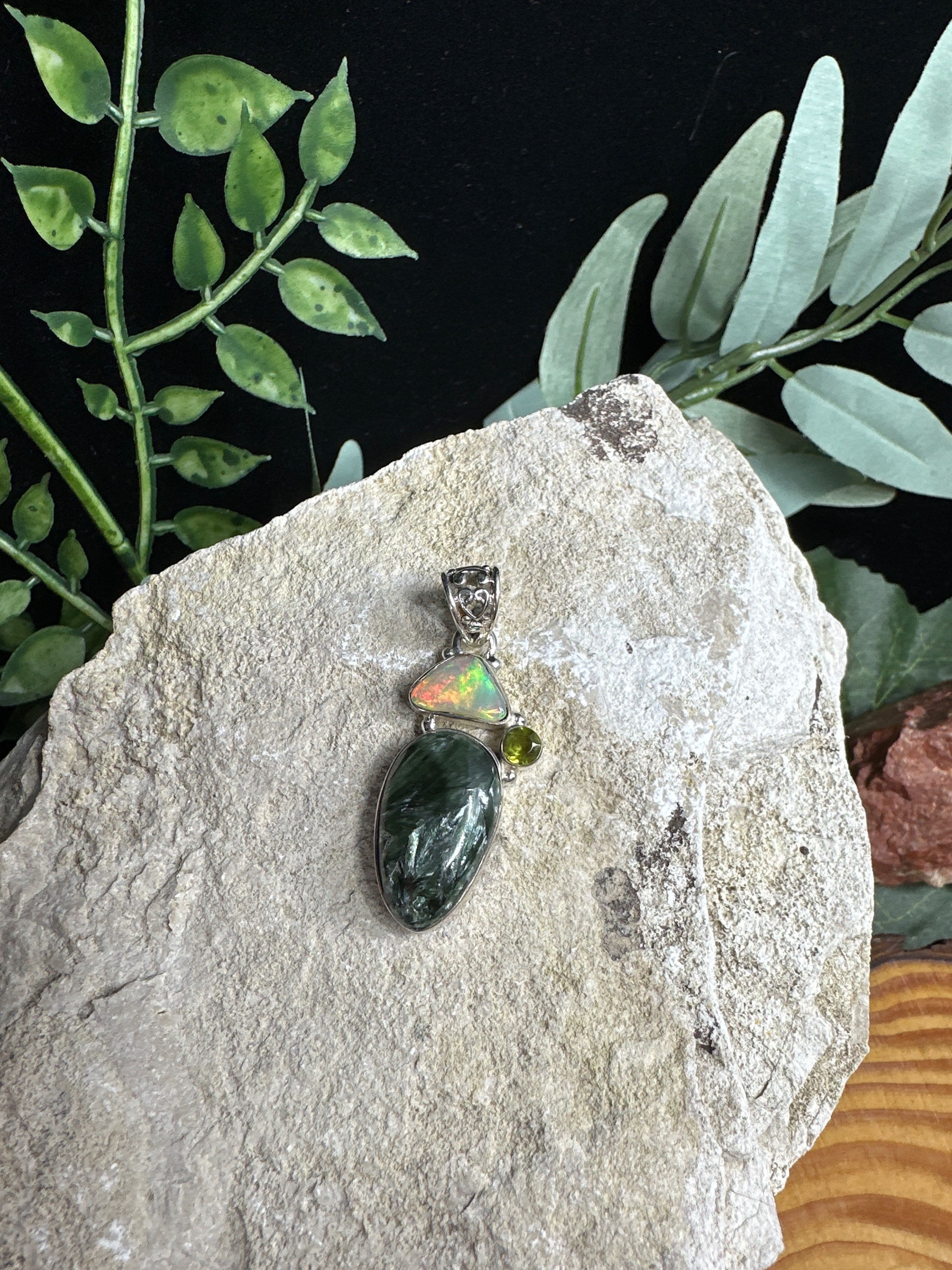 Seraphinite, Ethiopian Opal, and Peridot Sterling Silver Pendant