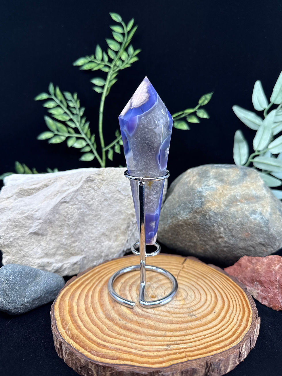 Thumbnail: Blue Flower Agate Scepter with Metal Stand