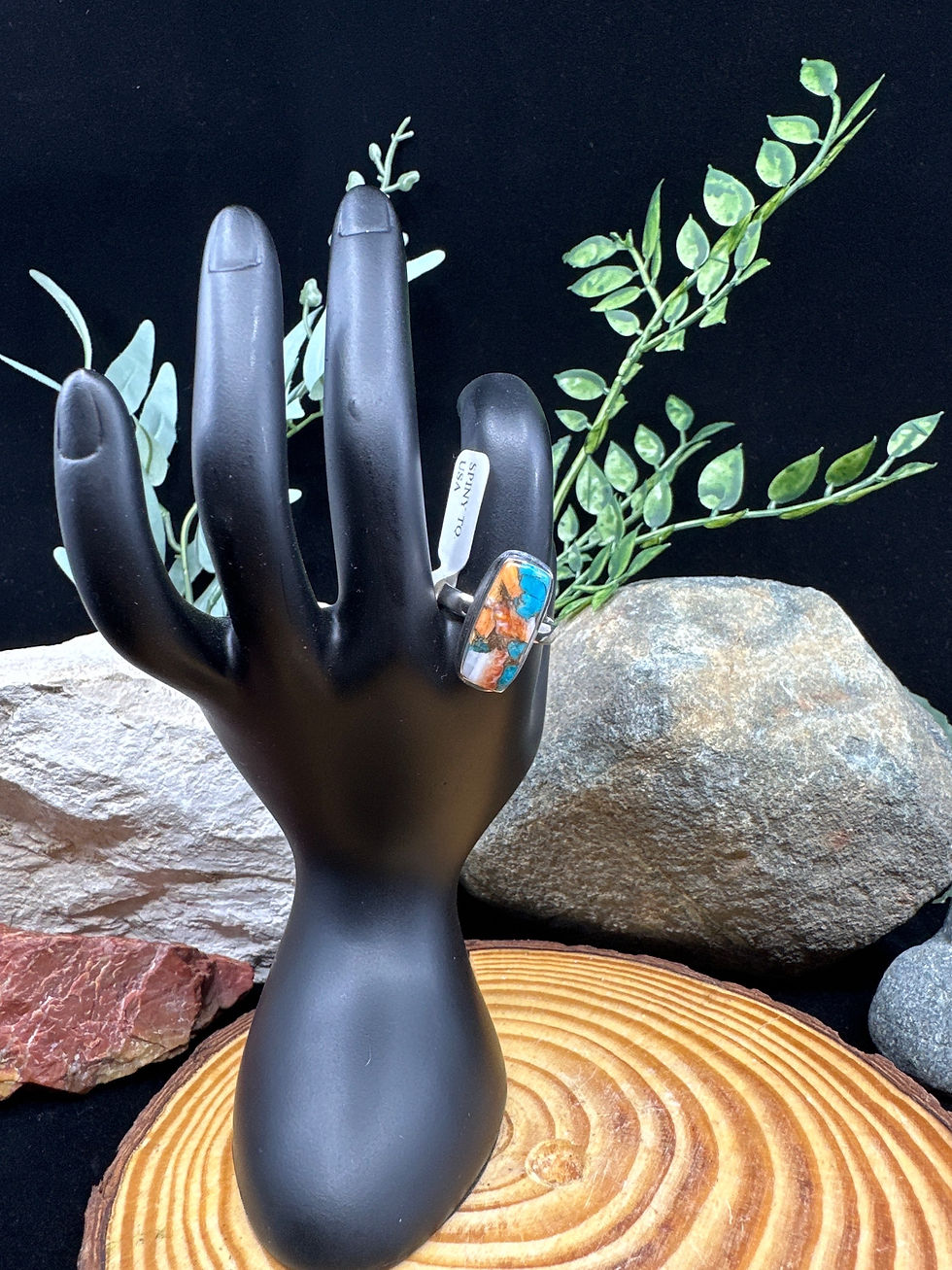Thumbnail: Turquoise and Spiny Oyster Shell Sterling Silver Ring - Size 10