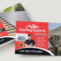Roofing Experts business cards, including contact details and residential services.