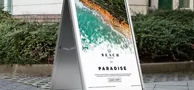 Beach in Paradise sign showcasing a scenic ocean view, promoting vacation getaway.