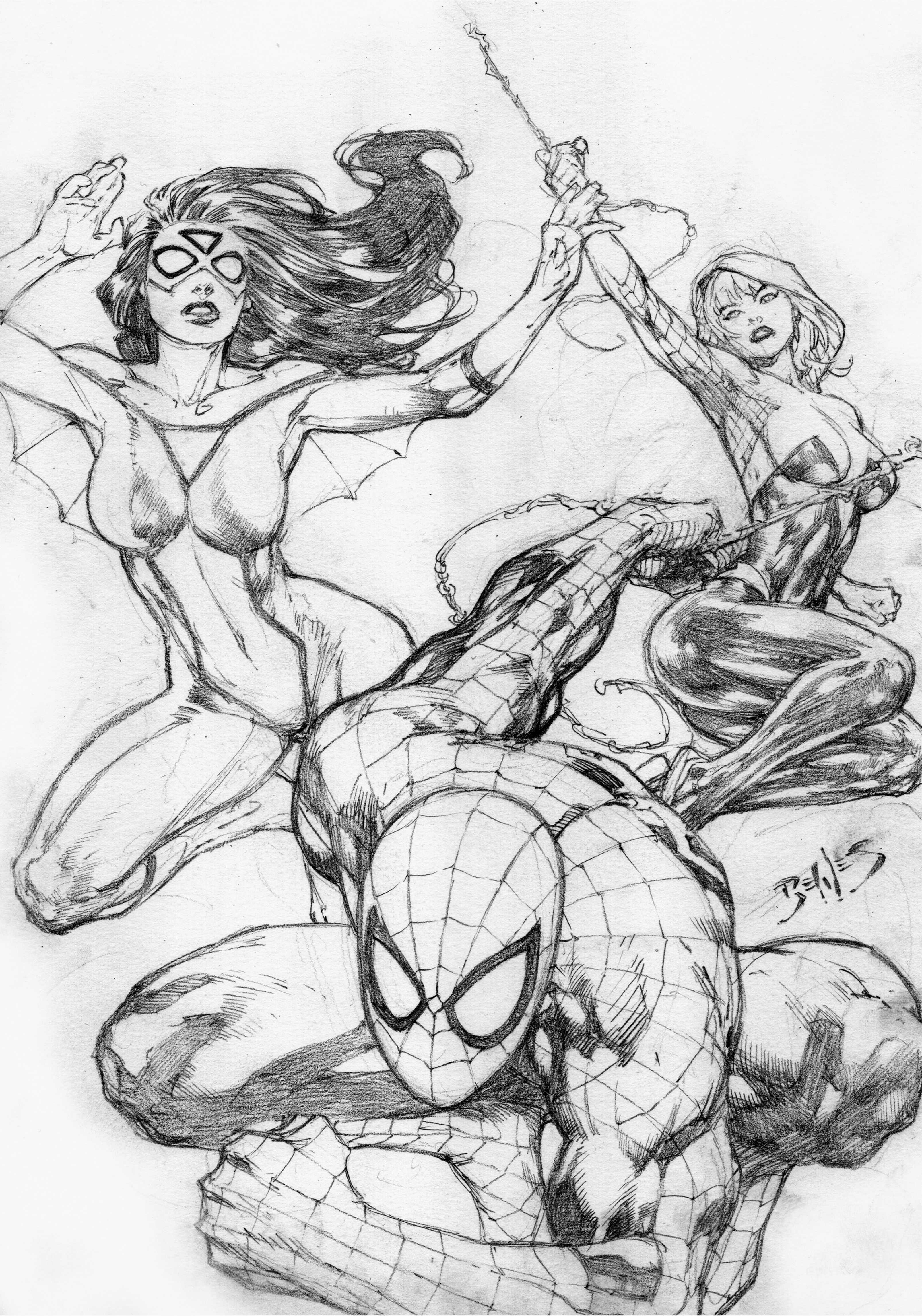 Spider-man, Spider Woman and Spider Gwen - 9"x12" Pencil