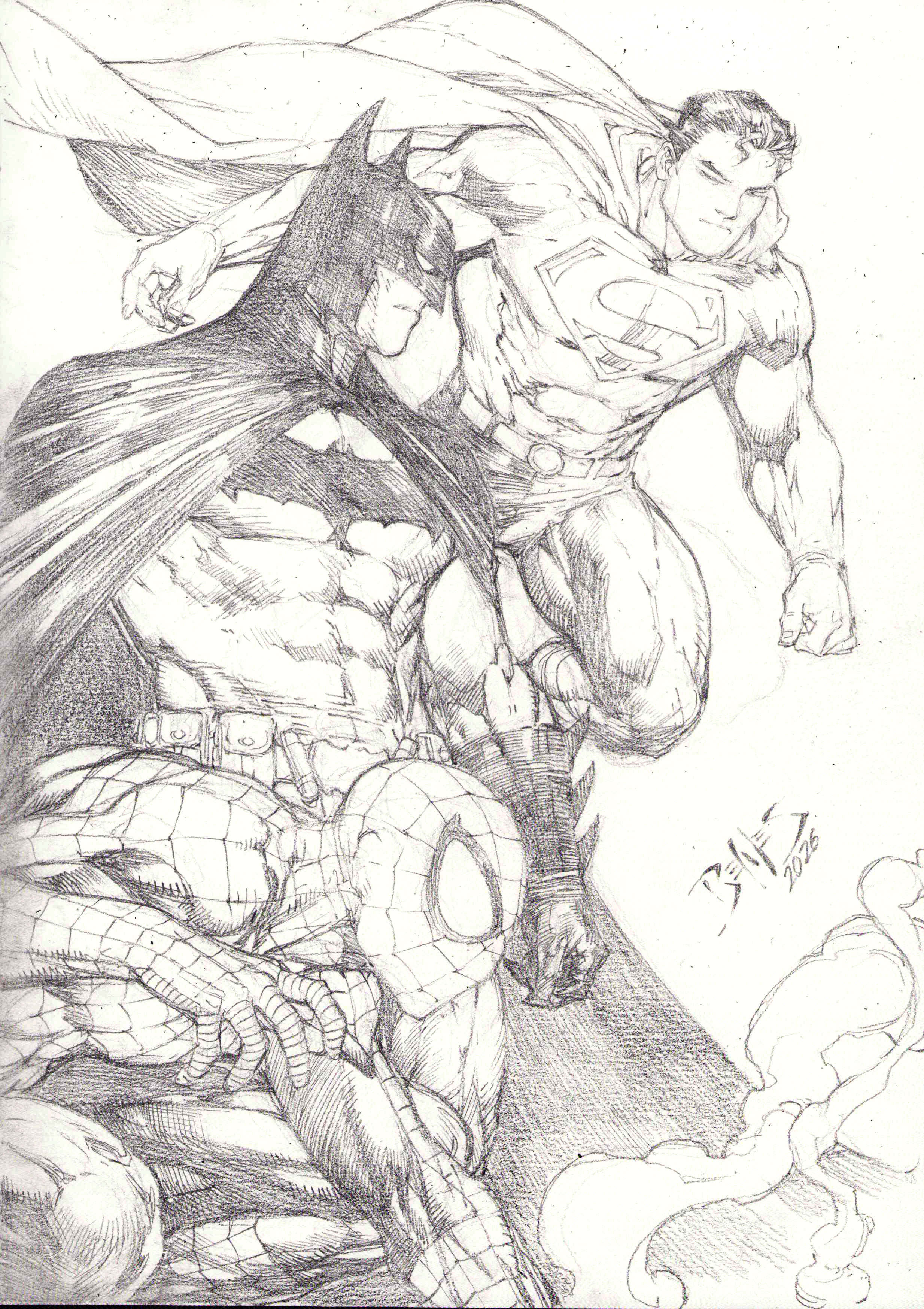 Superman, Batman and Spider-man - 09"x12" Pencil