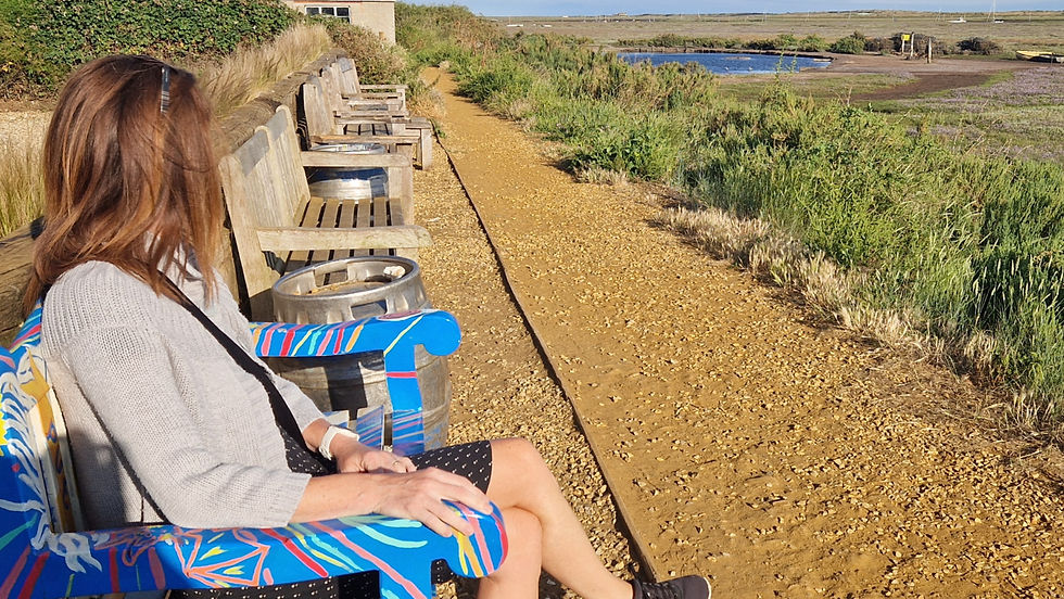Woman sits on a colorful painted bench beside a gravel path, looking over marshland and saltmarsh on a sunny coastal walk at the White Horse pub.