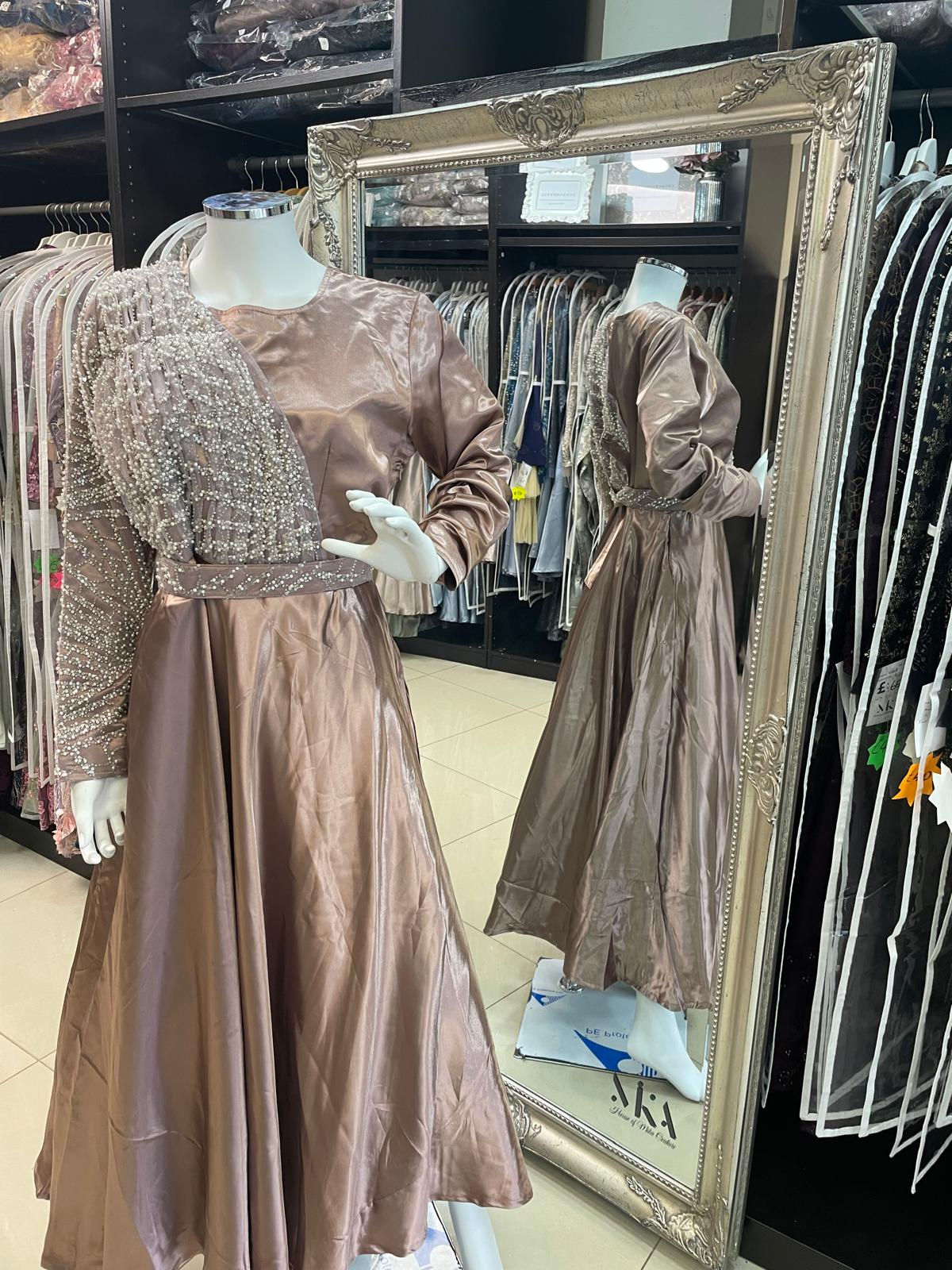 Satin Beaded Straight Sleeves Gown