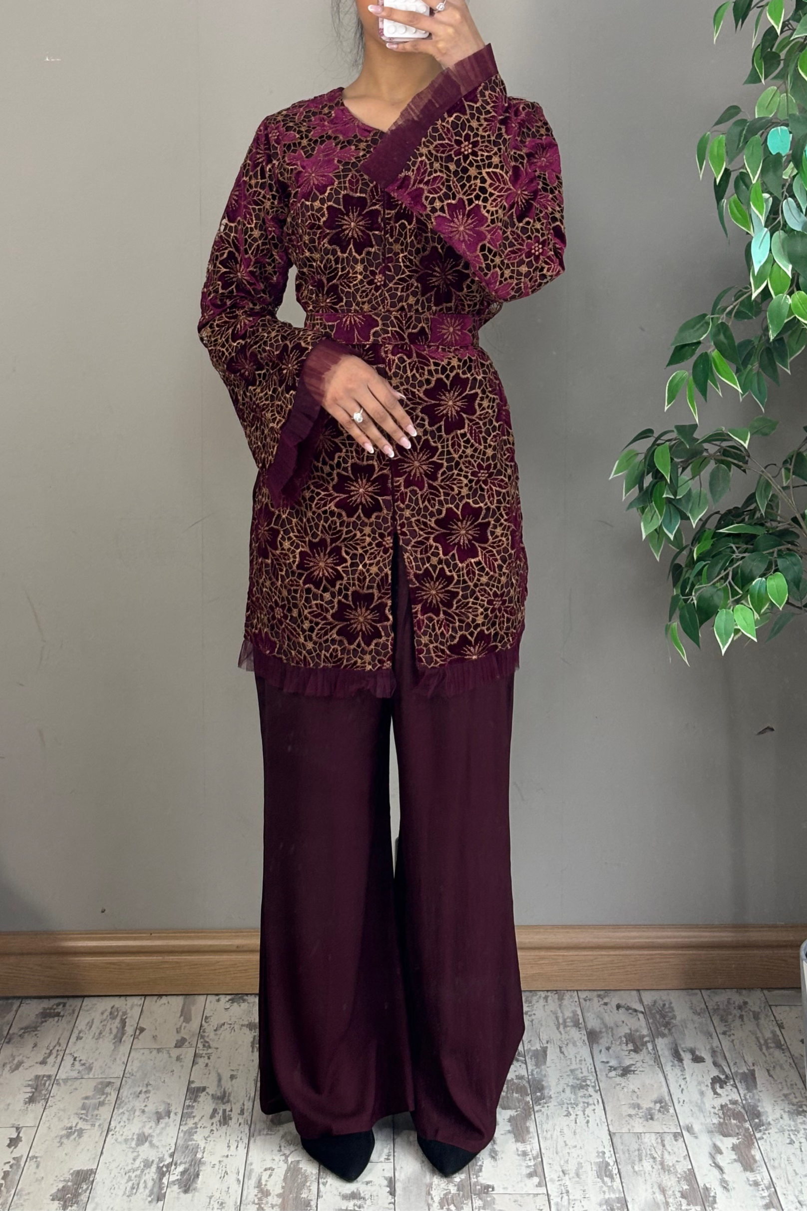 Rose Maroon Velvet Jacket and Plazzo Pants
