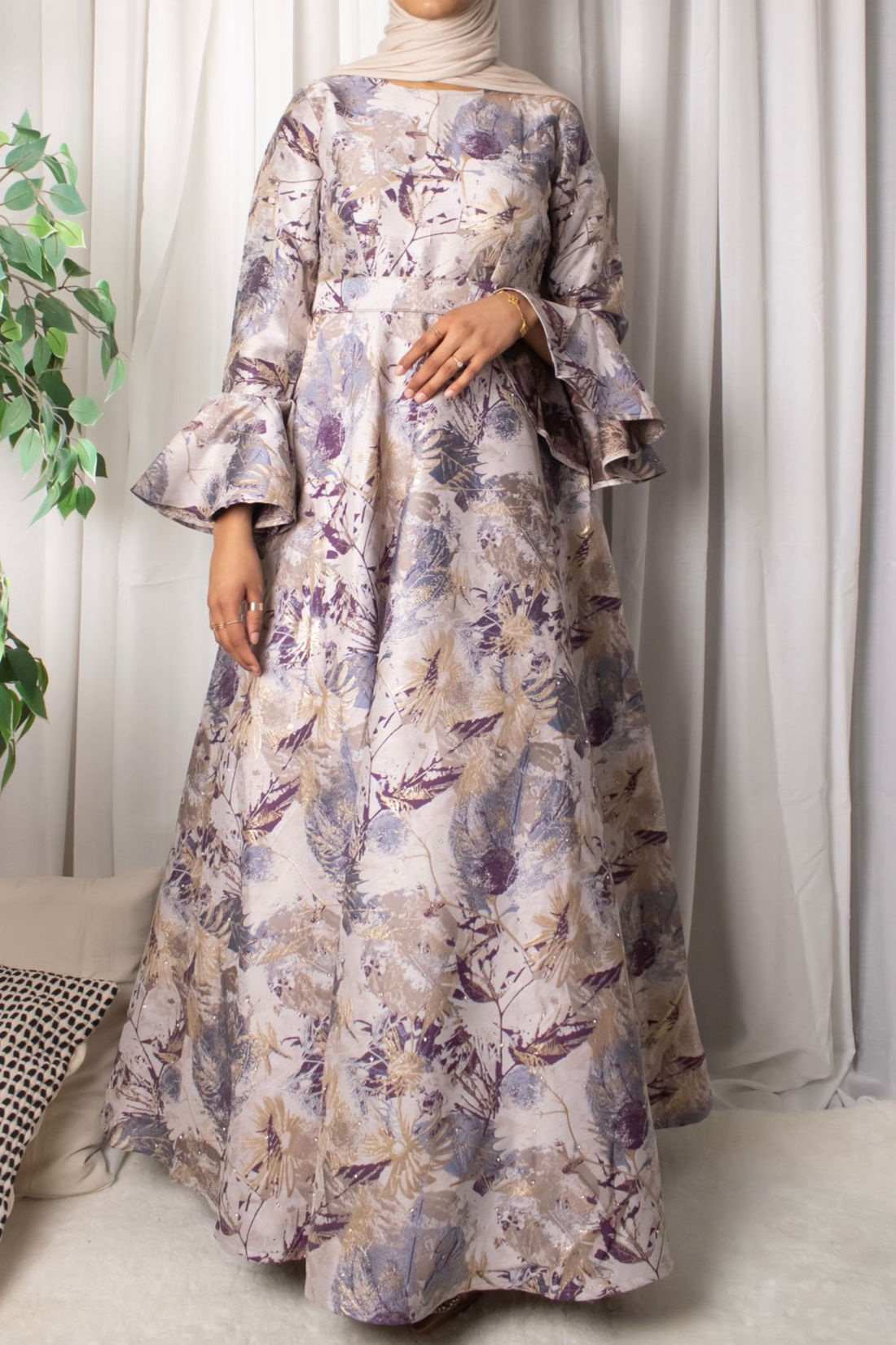 R85 Jacquard Gown Bell Sleeves