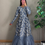 Thumbnail: Blue Printed Flowers Straight Sleeves Jacquard Gown with Net Tulle