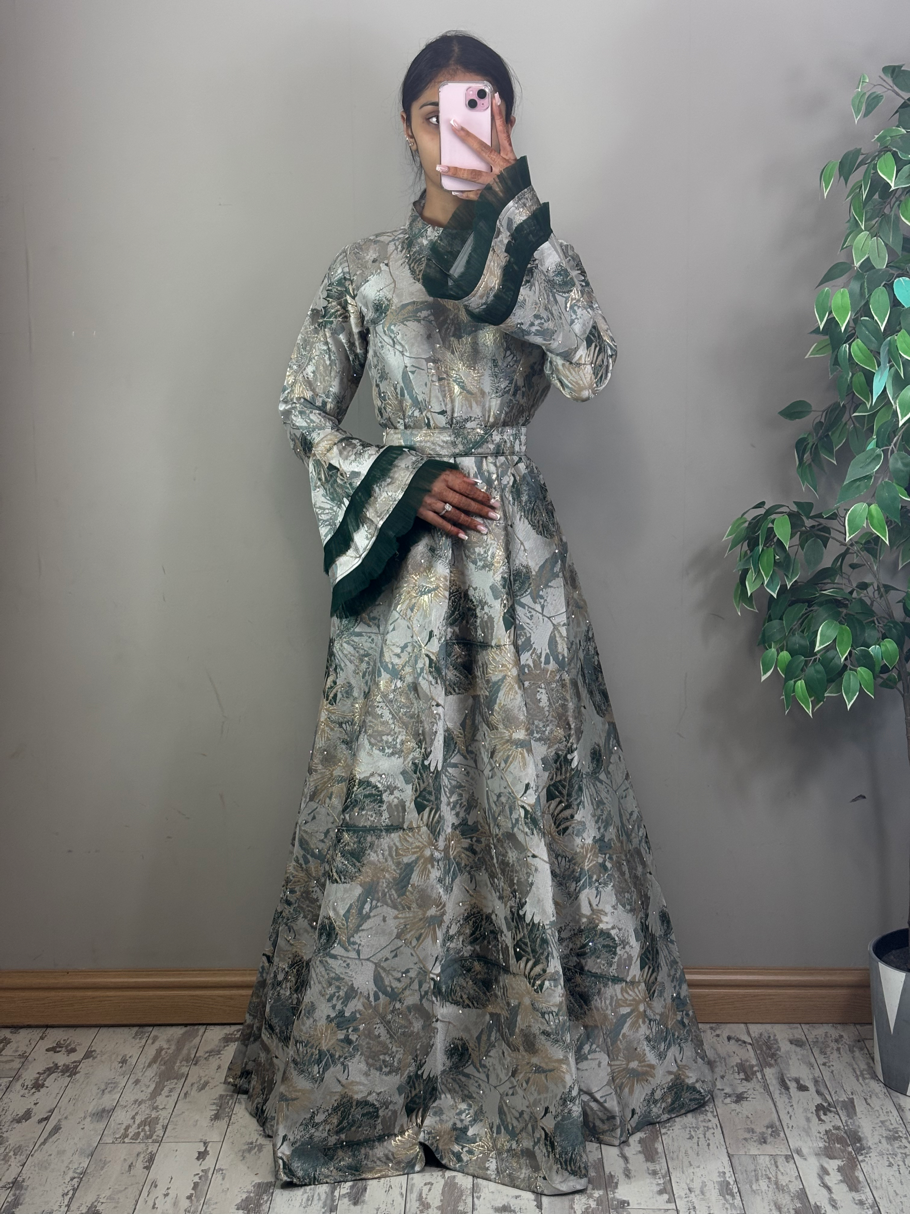 R85 Jacquard Gown with Bell Sleeves and Double Frill