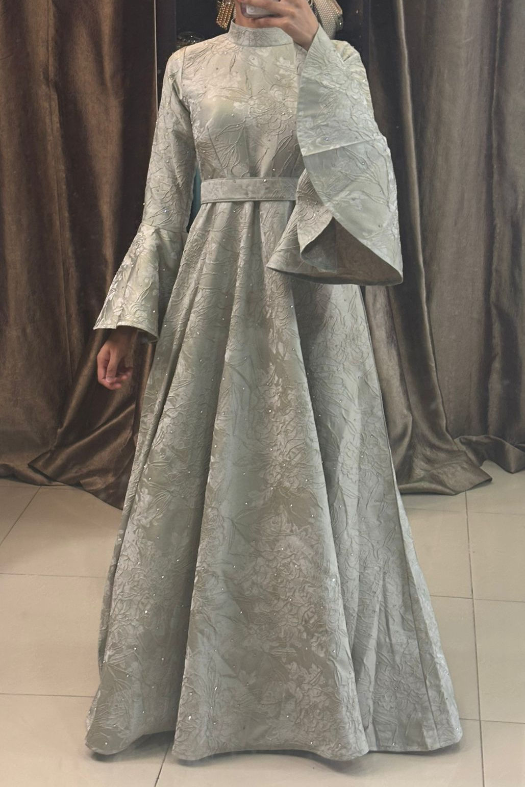 Sage Green Jacquard Bell Sleeves Gown
