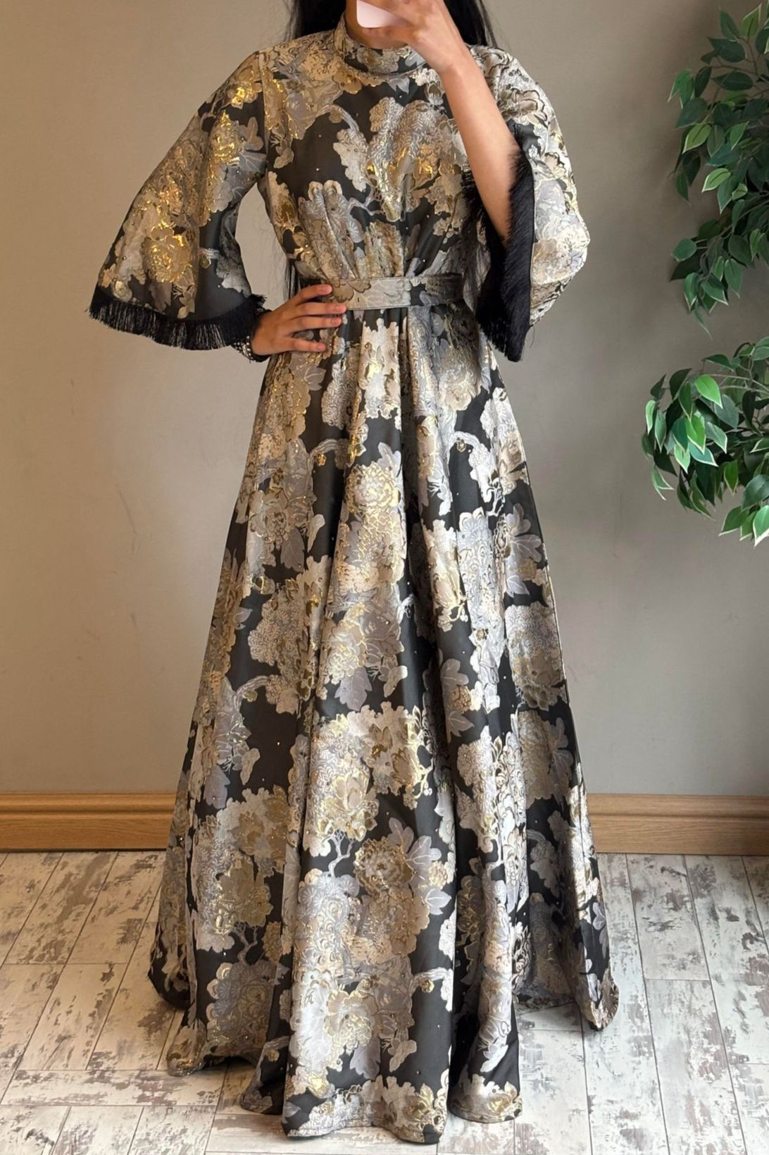 Midnight Bloom Marble Embellished Jacquard Gown