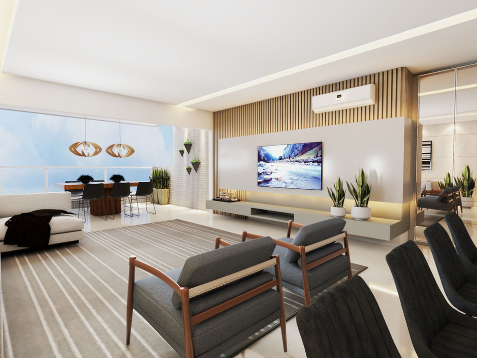 Lindo projeto de interiores para apartamento amplo no litoral com decoração elegante
