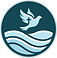 Circlular logo with a dove and cross flying over water