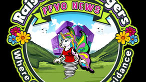 Circular emblem for Raised by Rangers Ffyo News featuring a colorful unicorn with rainbow hair and butterfly wings, wearing a red shirt with a heart emblem. The unicorn stands proudly on a silver spiral base in a bright green valley with a futuristic purple building and blue sky behind. The surrounding text reads “Raised by Rangers” at the top and “Where Growth Meets Guidance” at the bottom, framed by colorful flowers on both sides. The image represents learning, transformation, and connection within the Raised by Rangers world.