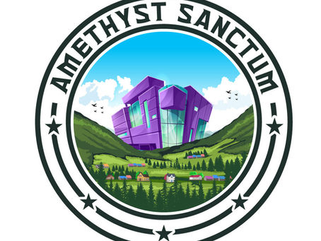 Circular emblem featuring a futuristic purple crystal-like building nestled between lush green mountains under a bright blue sky. Below the structure lies a small village with colorful houses surrounded by pine trees. The words “AMETHYST SANCTUM” curve around the top border, framed by decorative black stars.