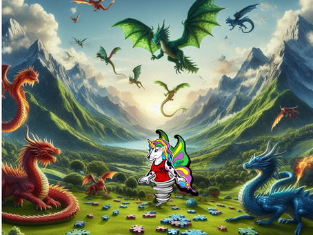 Illustration of a fantasy landscape filled with colorful dragons soaring above a lush valley surrounded by mountains. In the center, a unicorn-butterfly hybrid character in a red shirt stands among scattered puzzle pieces. The text at the top reads, “One Mountain, One Dragon, One Puzzle at a time.”