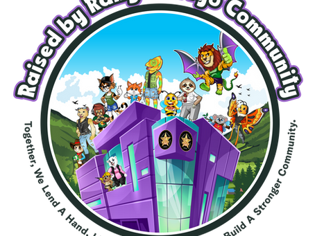 Illustration of the Raised by Rangers Ffyo Community featuring a vibrant purple building surrounded by mountains and blue sky. A diverse group of anthropomorphic animal characters — including a lion with wings, a chameleon, foxes, dogs, a panda, and others — stand together on and around the building, symbolizing teamwork, diversity, and unity within the Rangers community.