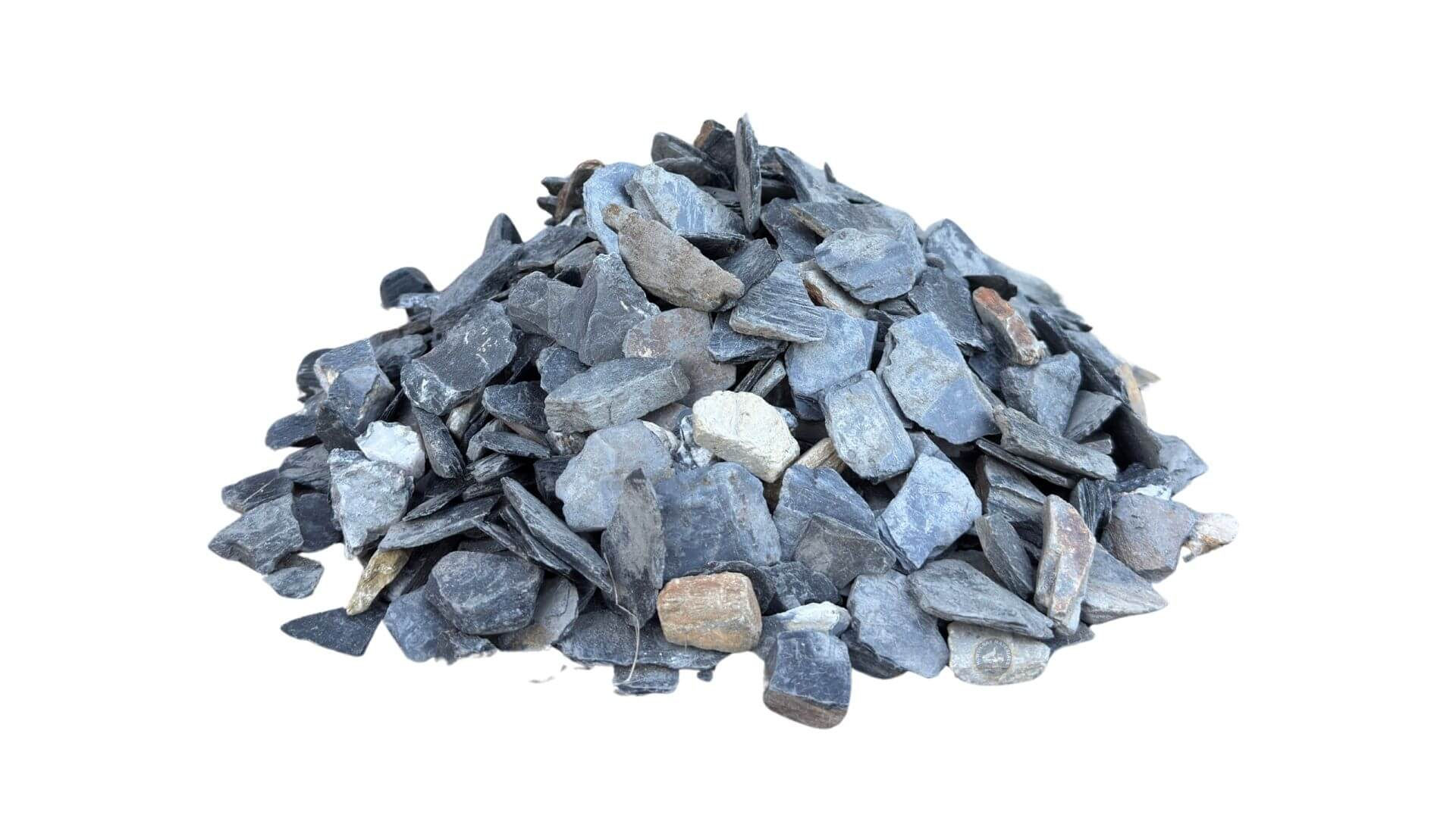 Pile of Sonoma Slate Chip gravel in 1-inch size, featuring angular gray and blue slate fragments; ideal for modern landscape