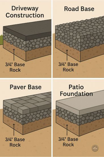 three-quarte-inch virgin base rock showing various construction install illustrations in Vallejo, Sonoma, Napa, Benicia and surrounding areas.