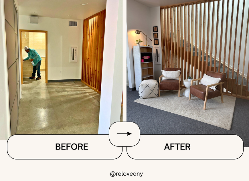 Split view of a staff chill space showing the transition from an empty corner to a comfortable, soul-aligned lounge area.