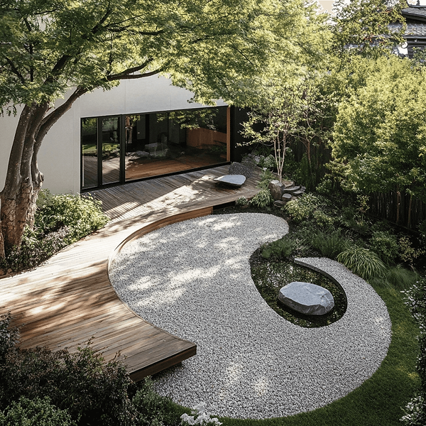 backyard in Mill Valley landscaped using pea gravel and river rocks
