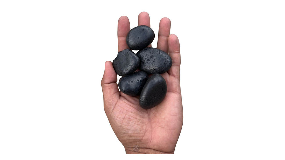 Thumbnail: hand holding medium size polished black pebbles 1-inch size