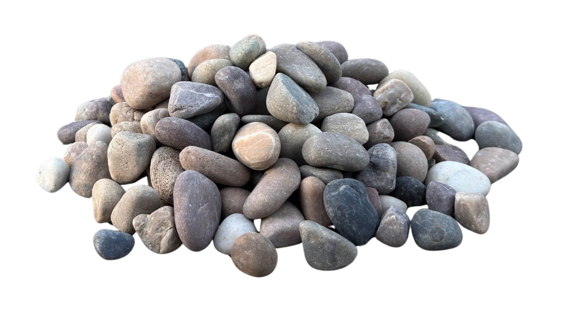 Mill Valley Mix river rock in assorted natural tones, featuring 1" smooth, rounded stones in gray, tan, plum, and earth
