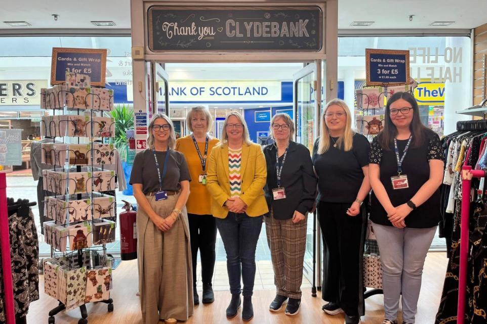 Marie McNair MSP and volunteers of the CHSS shop in Clydebank Shopping Centre