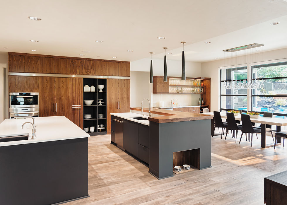 62 Screws modern luxury kitchen with Black Walnut cabinets, oversized kitichen island, and custom home bar